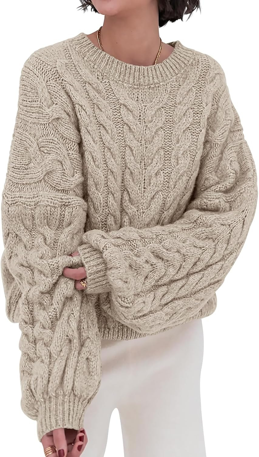 PRETTYGARDEN Womens Sweaters Fall 2026 Cable Knit Long Sleeve Crewneck Oversized Sweater Chunky Pullover Loose Outfits | Amazon (US)