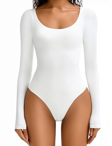 Avidlove Body Suits for Womens White Bodysuit Women Long Sleeve Scoop Neck Bodysuit(White,M) | Amazon (US)