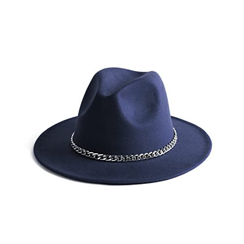 Gossifan Women Men Wide Brim Fedoran Hat with Chain Belt Buckle -Navy Blue | Amazon (US)