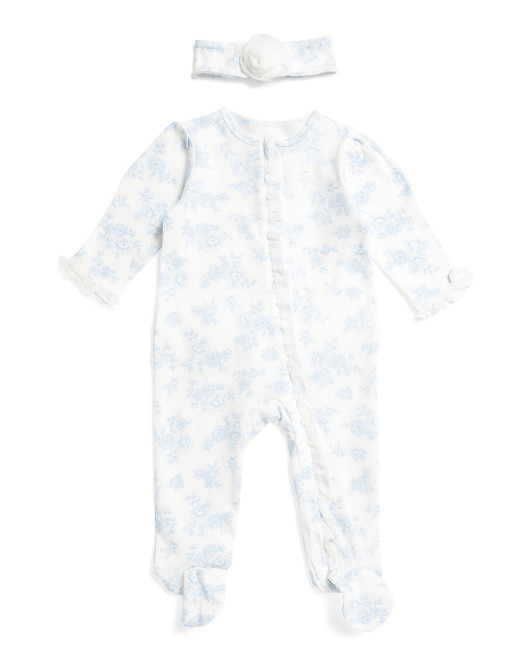 Newborn Girls Floral Footie Pajamas With Chiffon Flower Headband | TJ Maxx