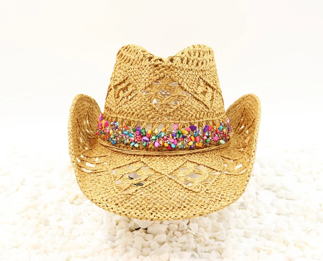 Cowboy Hat - Multicolor Natural Stone Rope Candy Band - Rainbow stone band with sparkle accents -... | Etsy (US)