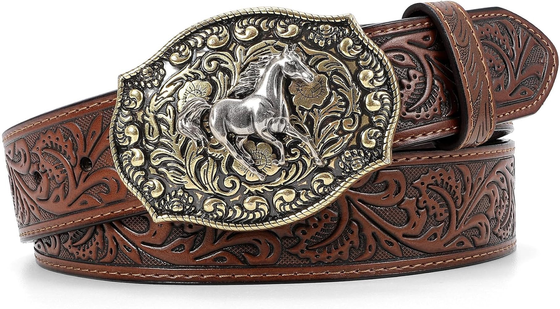 SANSTHS Cowboy Belts for Men Women Western Buckle Belt Cowboy Cowgirl Embossed Leather Belt for J... | Amazon (US)