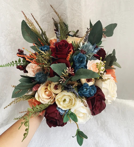 Orange Burgundy Wedding Boho Bridal Bouquet Ivory Wedding | Etsy | Etsy (US)