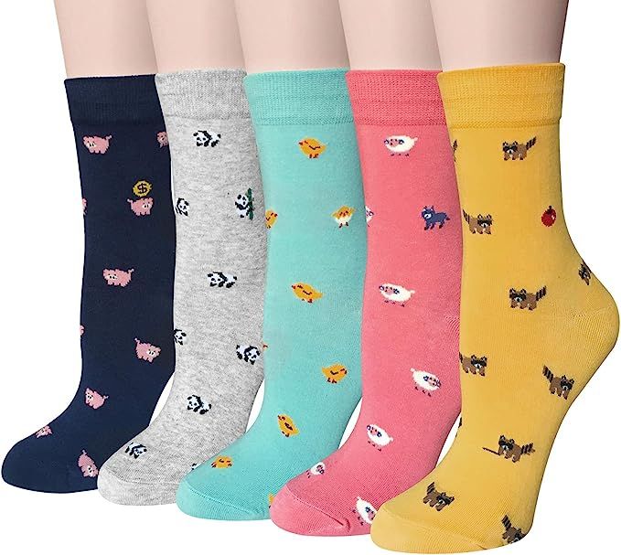 Pack of 5 Womens Cute Animals Cat Socks Girls Warm Novelty Funny Cartoon Cotton Crew Socks Gifts | Amazon (US)