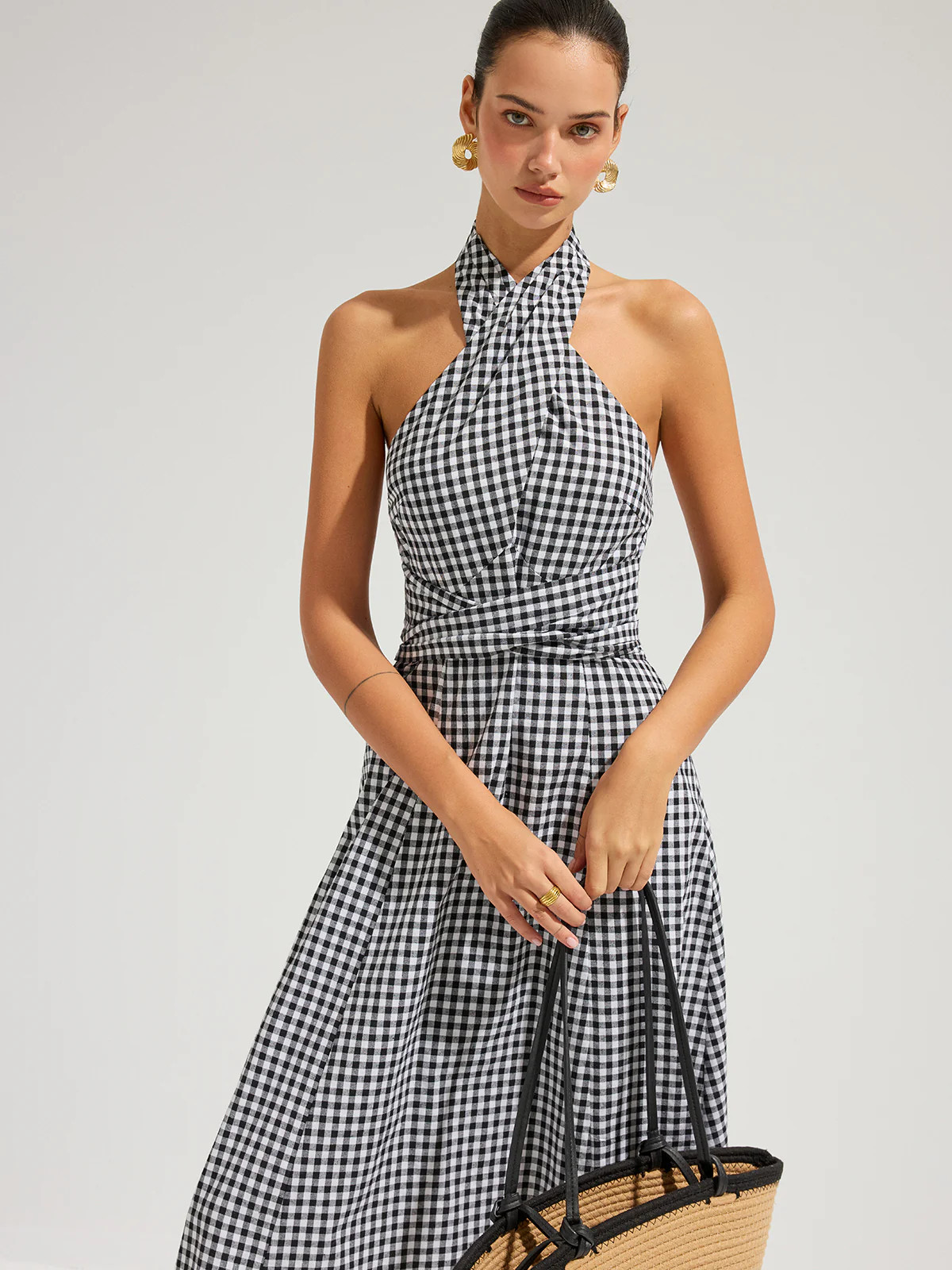 Gingham Halter Cotton Maxi Dress | Commense
