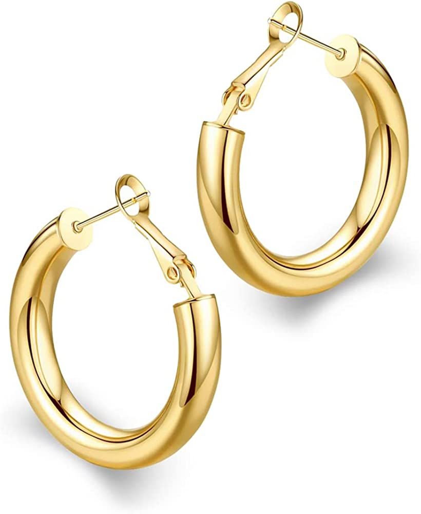 wowshow Thick Hoop Earrings Howllow 14K Gold Plated Gold Hoops for Women | Amazon (US)