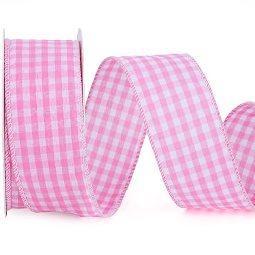 LaRibbons Pink Gingham Ribbon Wired 1 1/2 Inch x 10 Yards Check Plaid Ribbon for Gift Wrapping Wreath Bow Outdoor Decoration | Amazon (US)