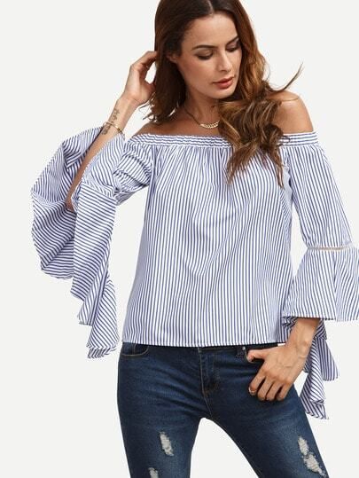 Blue Striped Off The Shoulder Ruffle Sleeve Blouse | SHEIN