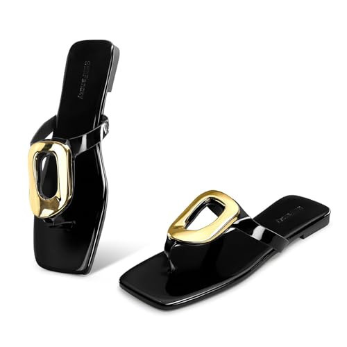StillFancxy Gold Buckle Flat Sandals for Women Square Toe Dressy Flip Flops Trendy Thong Sandals Slide Sandals | Amazon (US)