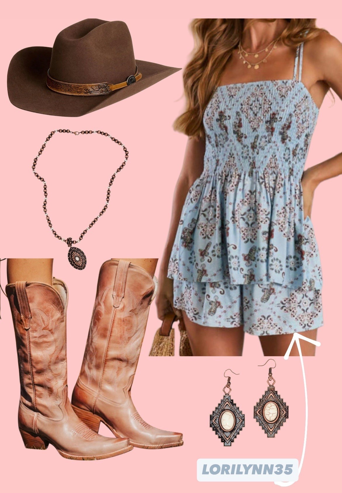 2 piece tank and shorts set paired with blush colored leather boots, copper jewelry, and brown hat! Love this dressy western look

#LTKootd #LTKgrwm #LTKSeasonal