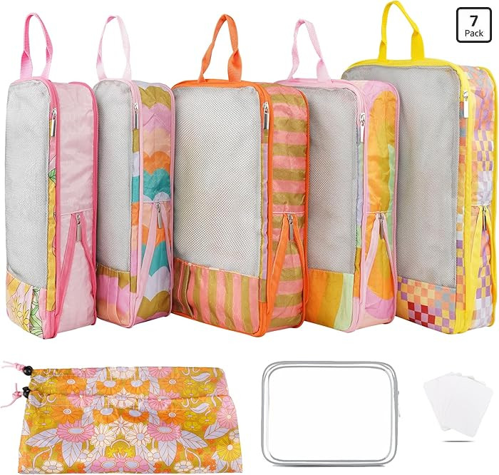 7 Pcs Compression Packing Cubes for Travel Luggage, Lightweight Suitcase Organizer Bags Set, Comp... | Amazon (US)