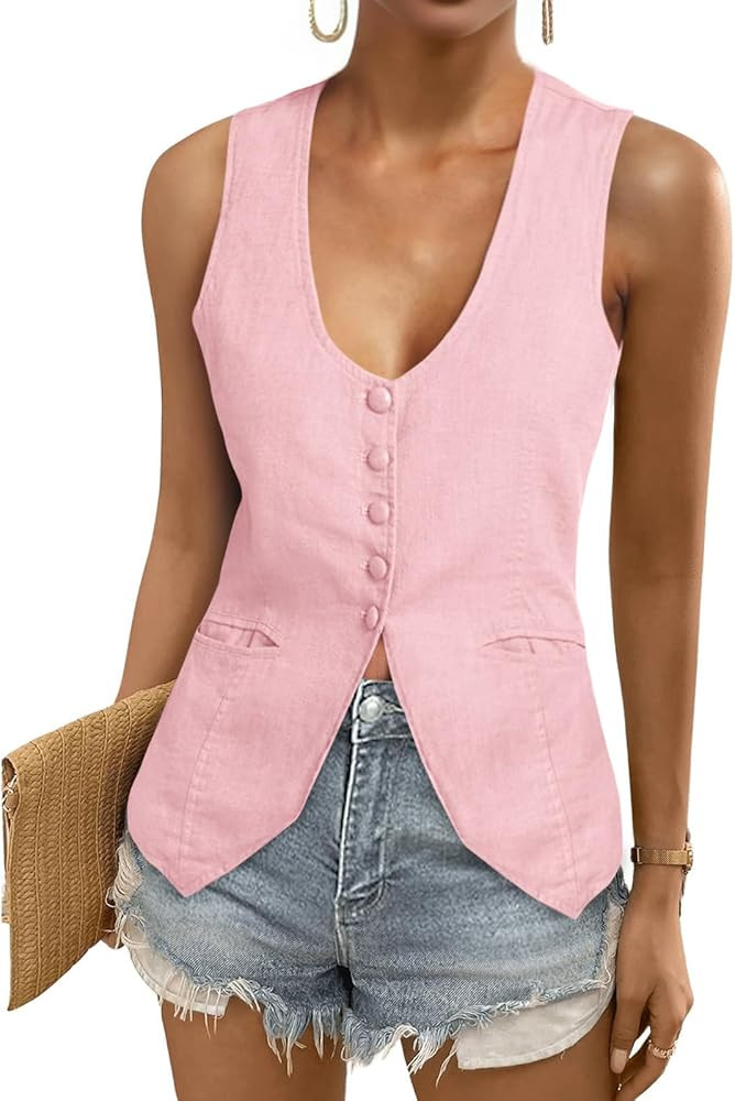 Tankaneo Womens Scoop Neck Blazer Vest Summer Linen Sleeveless Fitted Waistcoat Work Casual Cotto... | Amazon (US)