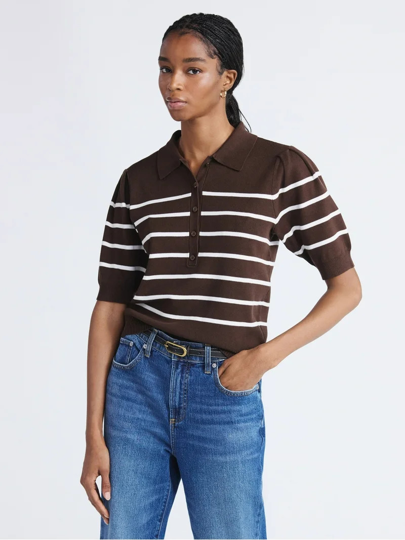 Free Assembly Women's Collared Sweater Tee with Puff Sleeves, Lightweight, Sizes XS-XXL | Walmart (US)