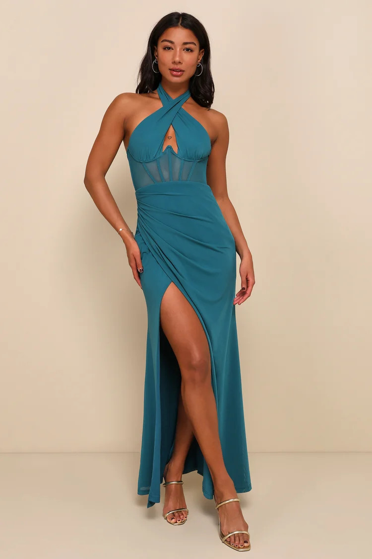 Never-Ending Glamour Teal Mesh Cross-Front Halter Maxi Dress | Lulus (US)