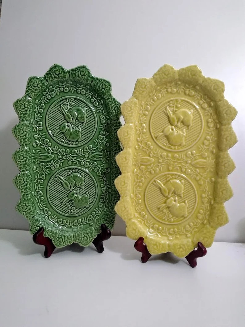 Bordallo Pinheiro Portugal  Green Or Yellow Embossed Floral Serving Tray Platter 13 x 8 "By Bless... | Etsy (US)