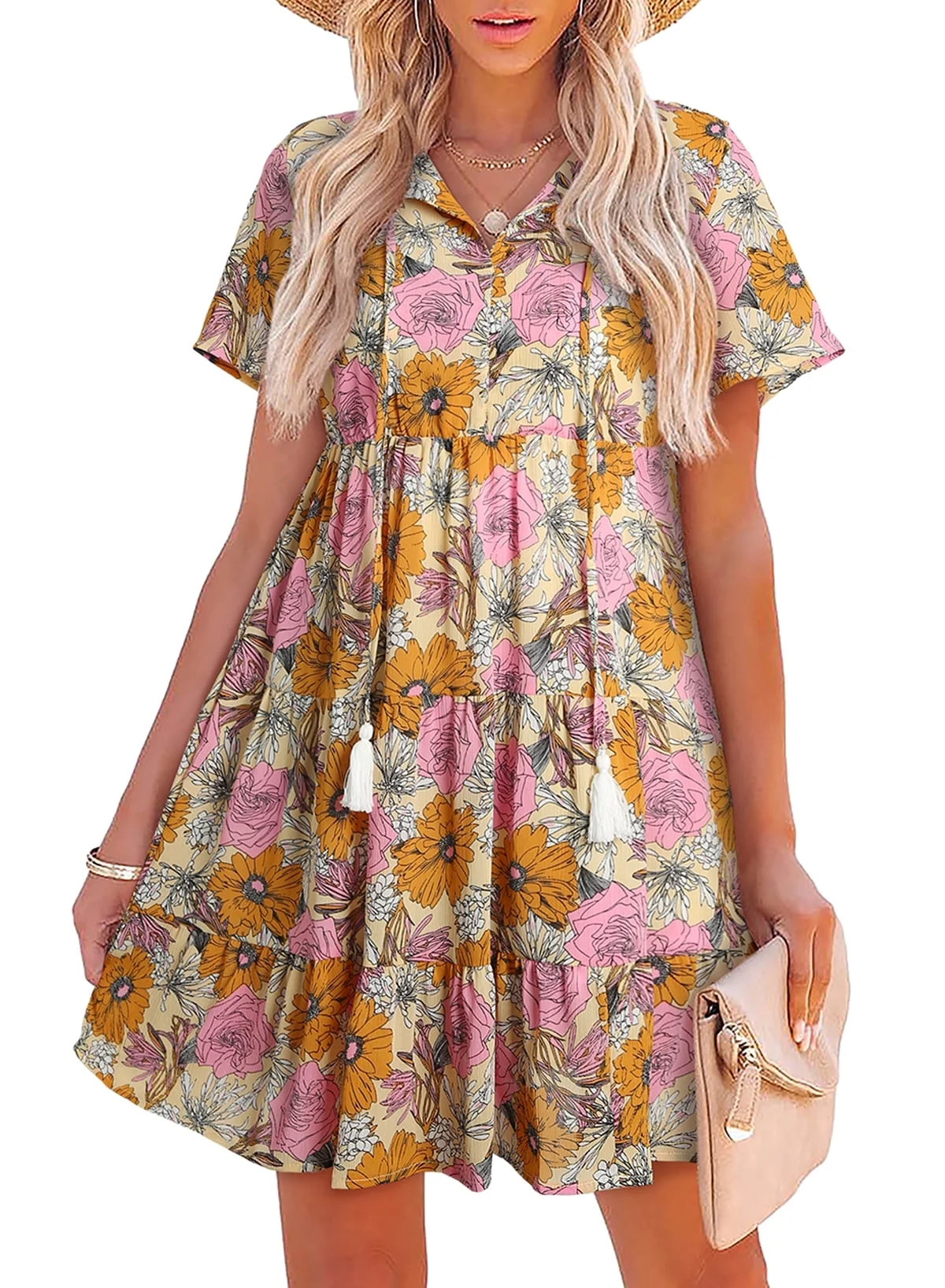 Dokotoo Women's Mini Dresses Tassel V Neck Short Sleeve Tunic Dresses Casual Loose Summer Babydol... | Walmart (US)