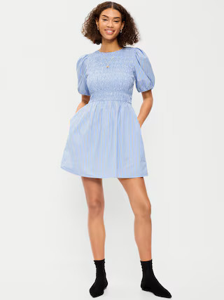 Smocked Puff-Sleeve Flare Mini Dress | Old Navy (US)