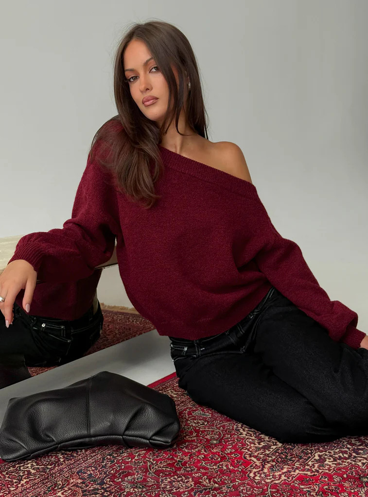 Noble Off The Shoulder Sweater Red | Princess Polly US