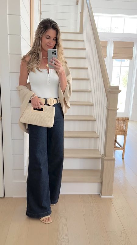 Small tall wide leg jeans (I’m 5’11”) use code RACHELXSPANX for a discount.  Linking a similar bodysuit. This wrap is perfect to wear in the evenings when it gets cool!  Sandals true to size.  

#LTKStyleTip #LTKOver40 #LTKVideo