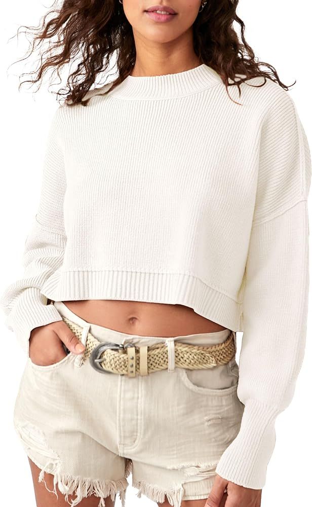Sucolan Women's Crewneck Cropped Sweater 2023 Fall Fashion Oversized Batwing Sleeve Knit Side Sli... | Amazon (US)