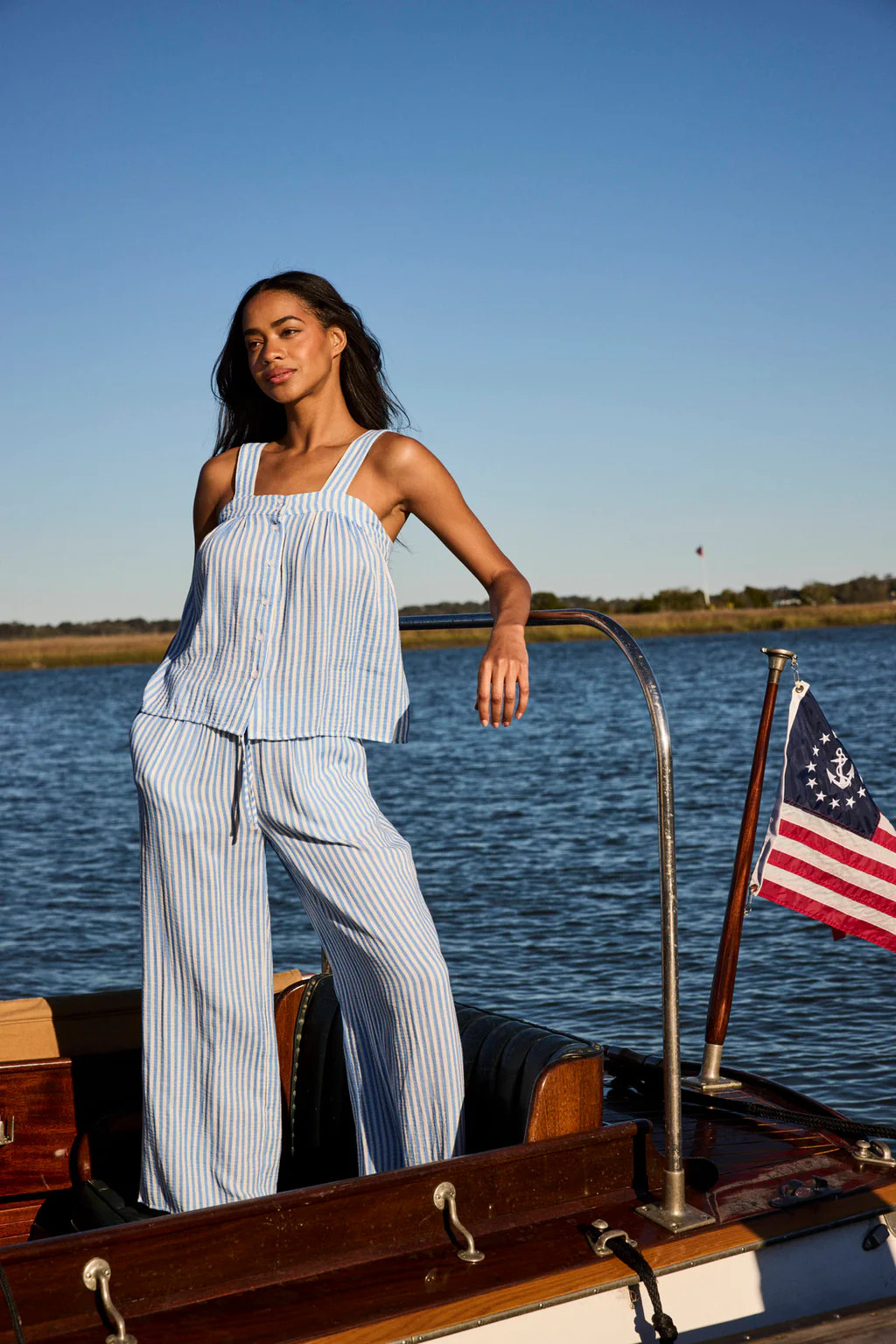 Hamptons Pants Set in Sail Blue Awning Stripe | Lake Pajamas