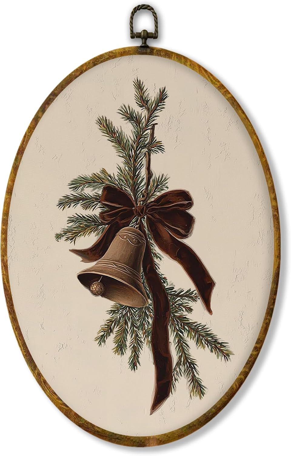 Hiuwevt Vintage Christmas Bell Oval Wall Art Decor, Rustic Coquette Ribbon Bow Bell Framed Canvas Prints, Retro Christmas Oval Wall Hanging Decor for Home Living Room Decorations, 8.6x11.4 Inches | Amazon (US)