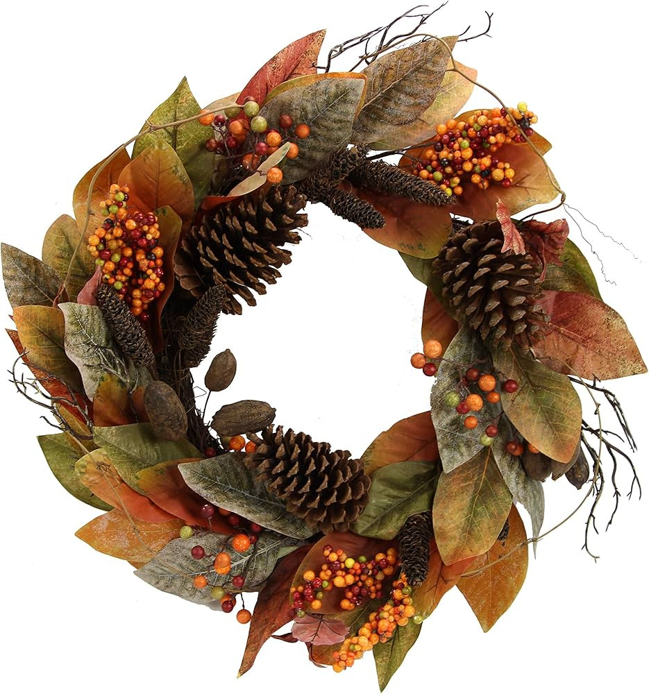 Admired By Nature GFW7014-NATURAL 24" Faux Magnolia Leaf Vine Berry Wreath, Orange-Pinecones | Amazon (US)