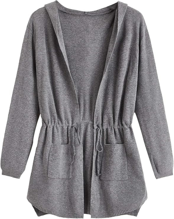 SheIn Women's Drawstring Waist Knit Hooded Cardigan Sweaters Long Sleeve with Pocket | Amazon (US)