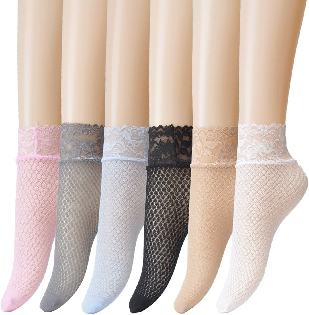 JORMATT 8 Pairs 4 Pairs Women Lace Fishnet Socks Nylon Sheer Ankle Dress Sokcs | Amazon (US)