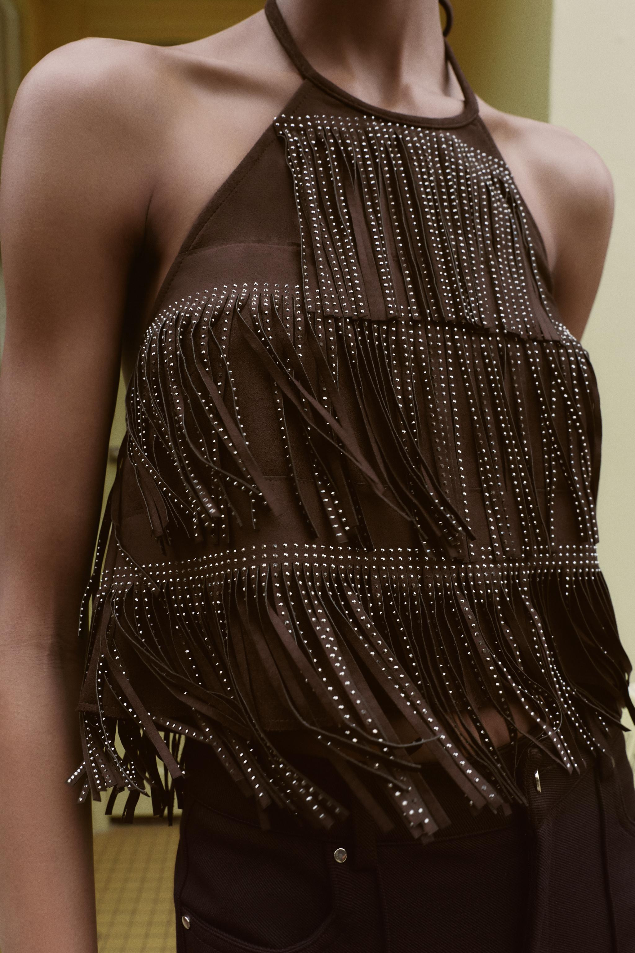 SHIMMER FAUX SUEDE FRINGE TOP | Zara US