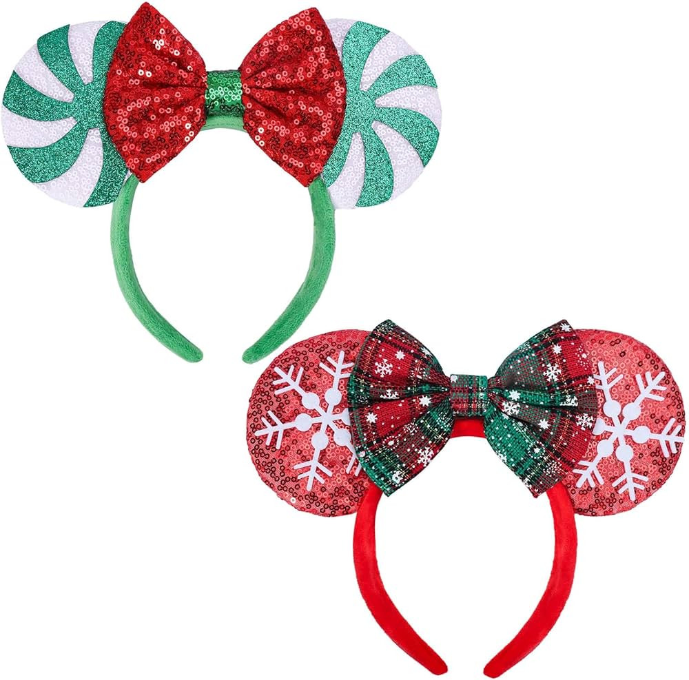Christmas Mouse Ears Headbands, 2 PCS Christmas Ears for Adult Women Kids, Sequin Headbands for C... | Amazon (US)