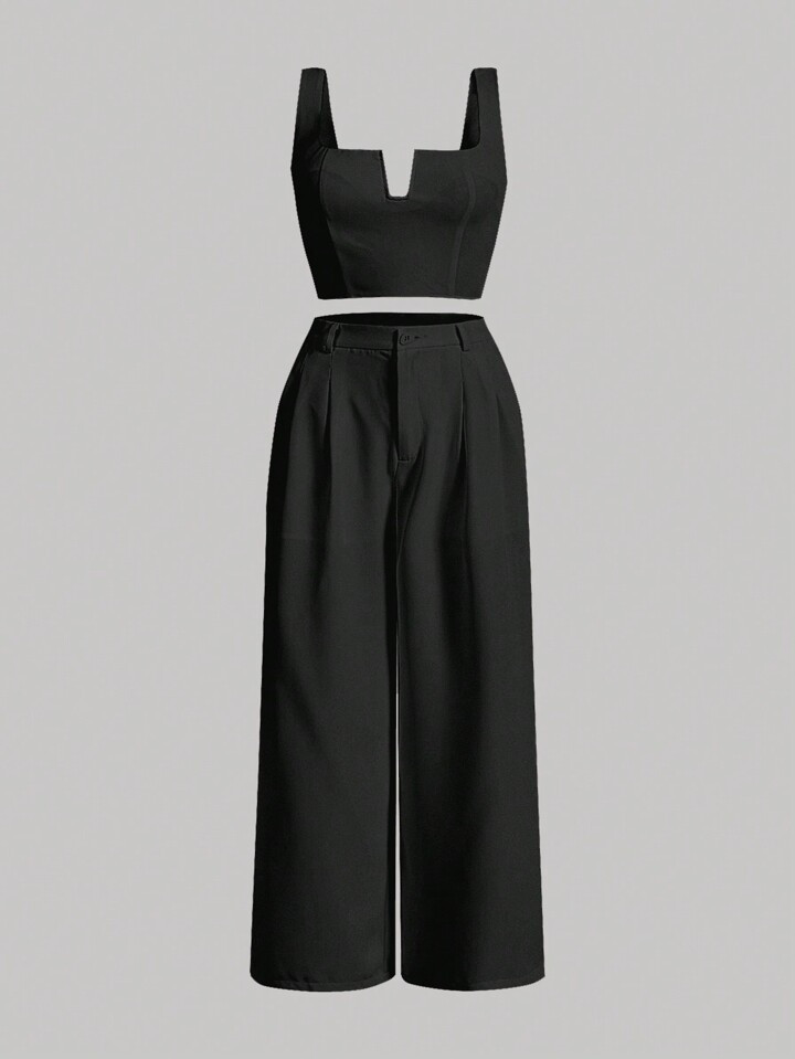 SHEIN MOD Plus Notched Neck Zip Back Top & Wide Leg Pants | SHEIN