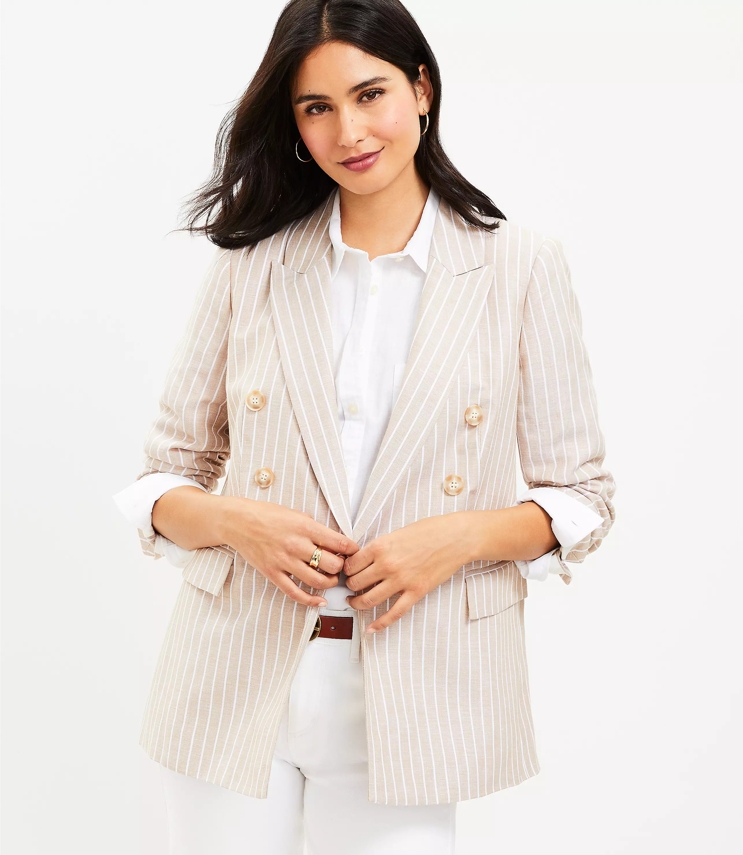Petite Striped Linen Blend Double Breasted Blazer | LOFT