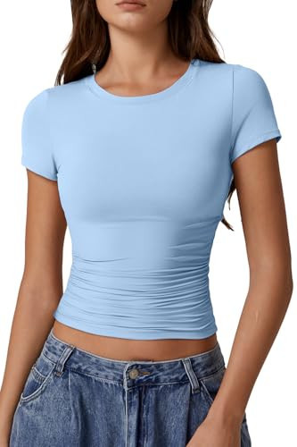 QINSEN Double Lined Short Sleeve Shirts for Women Crewneck Ruched Slim Fit Y2k Tops Going Out Tees Sky Blue L | Amazon (US)