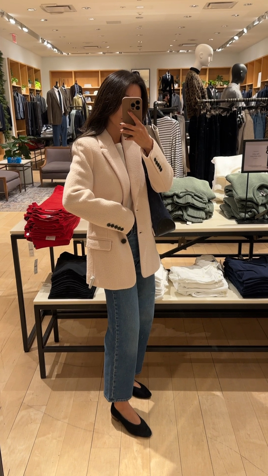 Trying on this cream boiled wool textured (almost like a boucle) blazer coat in a 00. 

It’s called a blazer but has the structure and the thicker weight of a fall jacket, and I like how it looked with jeans and slim pants! 

Regular size 00 fits a little big on me and a tad long at the sleeves.

• J. Crew slim wide jeans 24 P - J. Crew jeans run about a half size big for me but I don't mind a little extra room at the waist these days. These are one of J. Crew's best cut petite jeans! 

• Sezane Matilda ballerina suede flats 5 - worn with heel lifts. 

• Everlane cotton tee Xs. Great basic and shorter petite friendly length . I size up for a relaxed fit 

• J. Crew Berkeley suede bag 

#LTKStyleTip #LTKSeasonal #LTKWorkwear