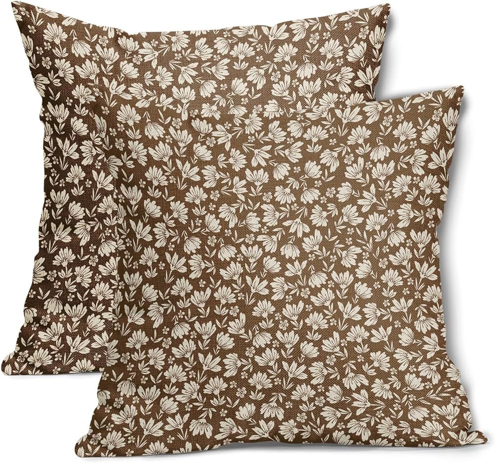 Brown Beige Daisy Floral Pillow Covers 16X16 Inch Vintage Flowers Decorative Pillow Cases Set of ... | Amazon (US)