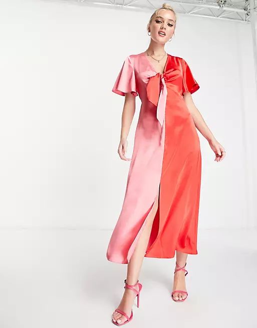 Style Cheat contrast tie front midi dress in pink and red color block | ASOS (Global)