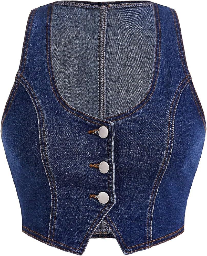 Verdusa Women's Button Front Scoop Neck Sleeveless Crop Denim Vest Jean Jacket Dark Wash Large at... | Amazon (US)