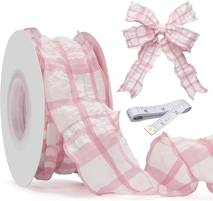 Pink Gingham Ribbon, 1.5 Inch x 10 Yards Ruffled Edge Polyester Fabric Plaid Ribbon for Wedding I... | Amazon (US)