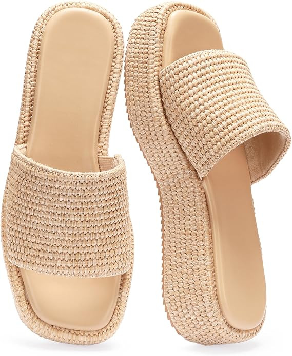 Monrovia Platform Sandals Women Raffia Espadrille Slides, Woven Straw Flatform Beach Sandals Wome... | Amazon (US)