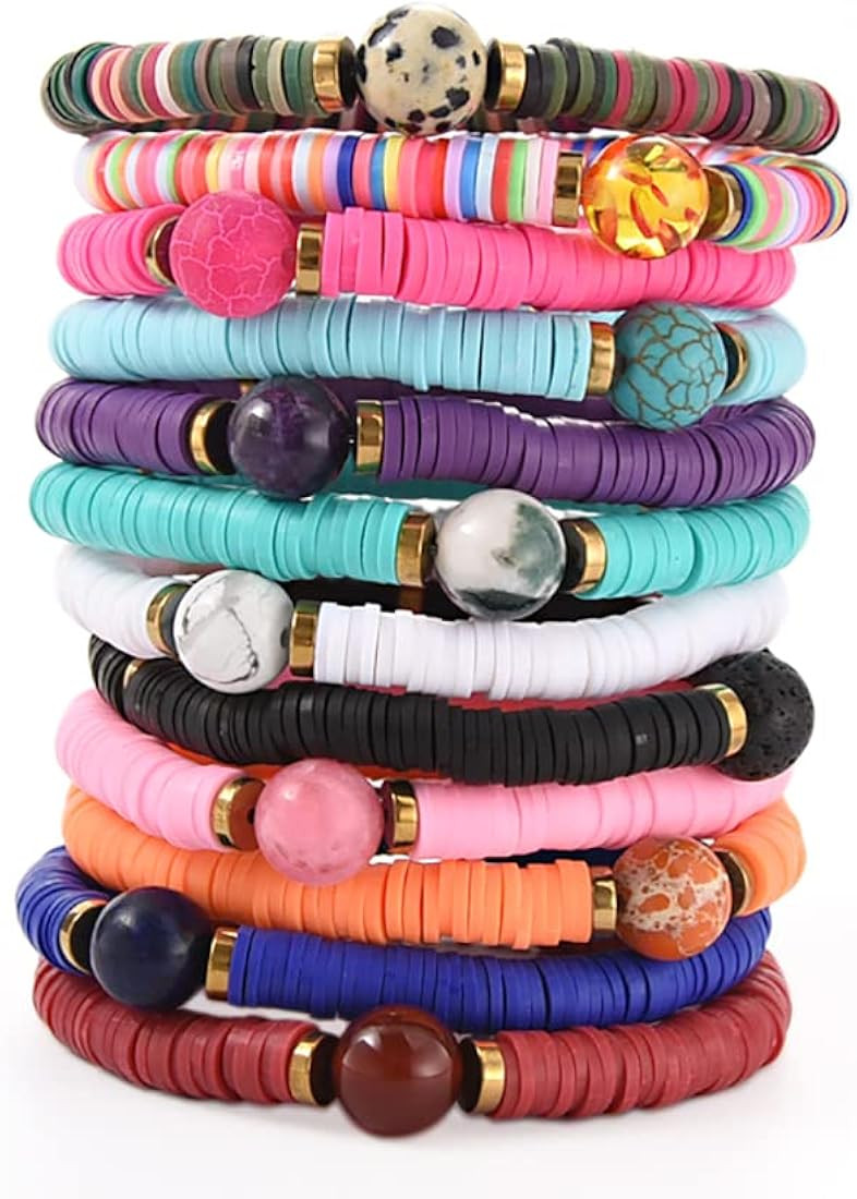 HYHONEY 12pcs/set Heishi Bracelet Surfer Bracelets for Women Stackable clay Beaded Stretch Bracel... | Amazon (US)