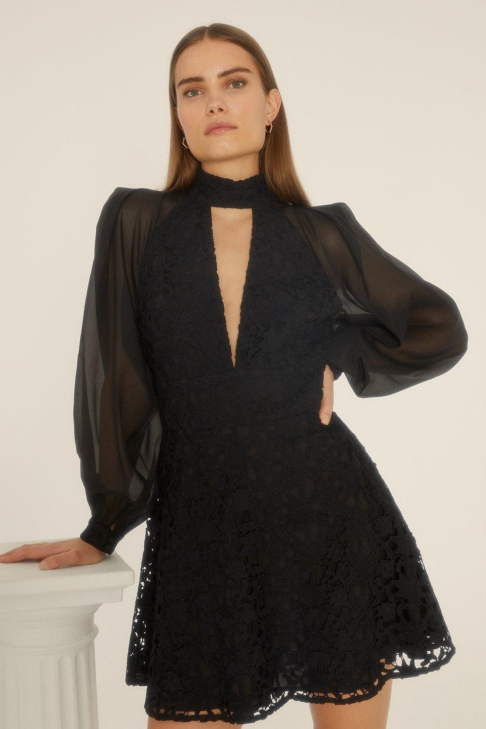 Premium Lace Cut Out Organza Sleeve Skater Dress | Oasis UK & IE