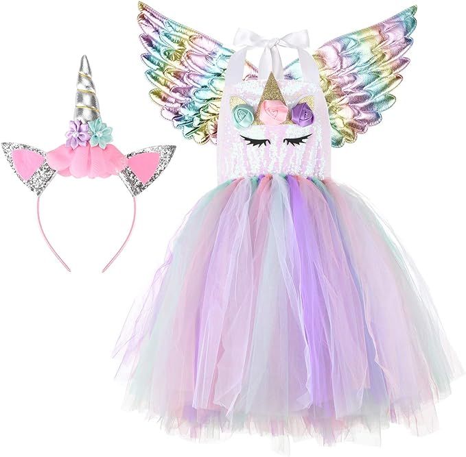 Halloween Unicorn Costumes for Girls with Headband and Wings | Amazon (US)