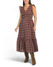Plaid Smocked V-neck Button Down Ruffle Midi Dress | Casual Dresses  | Marshalls | Marshalls