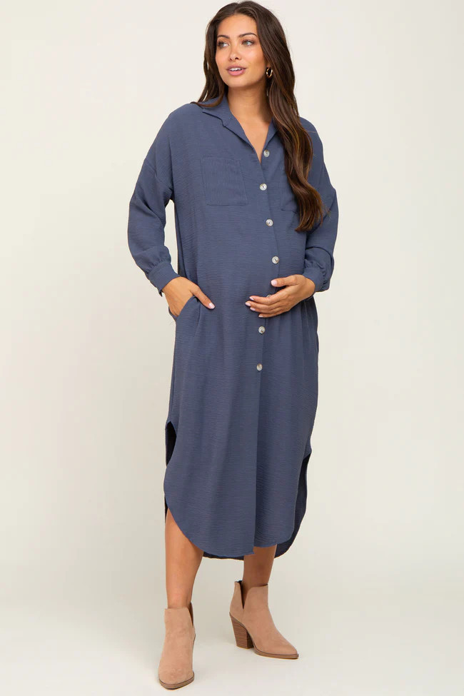 Teal Button Down Front Pocket Maternity Midi Dress | PinkBlush Maternity