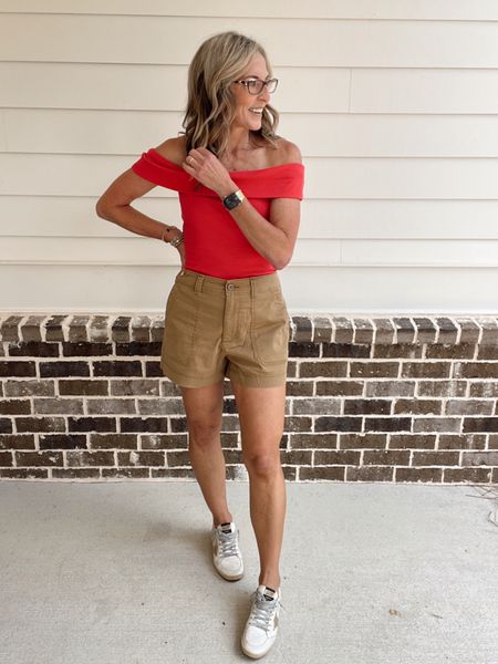 Old Navy summer style - chino shorts - size small (on hot deal today) - red top size small. 

#LTKOver40 #LTKFindsUnder50 #LTKStyleTip