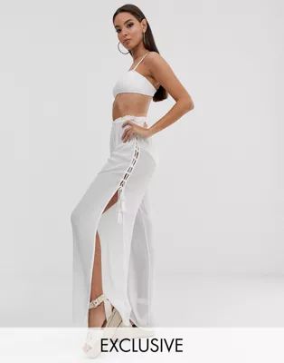 South Beach Exclusive tie up split beach pants in white | ASOS (Global)