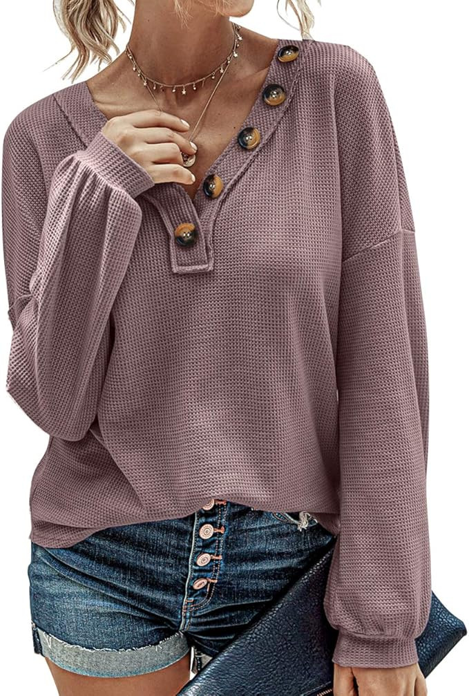 BTFBM Women Waffle Knit Shirts V-Neck Long Sleeve Casual Slouchy Loose Blouses Plain Faux Button ... | Amazon (US)
