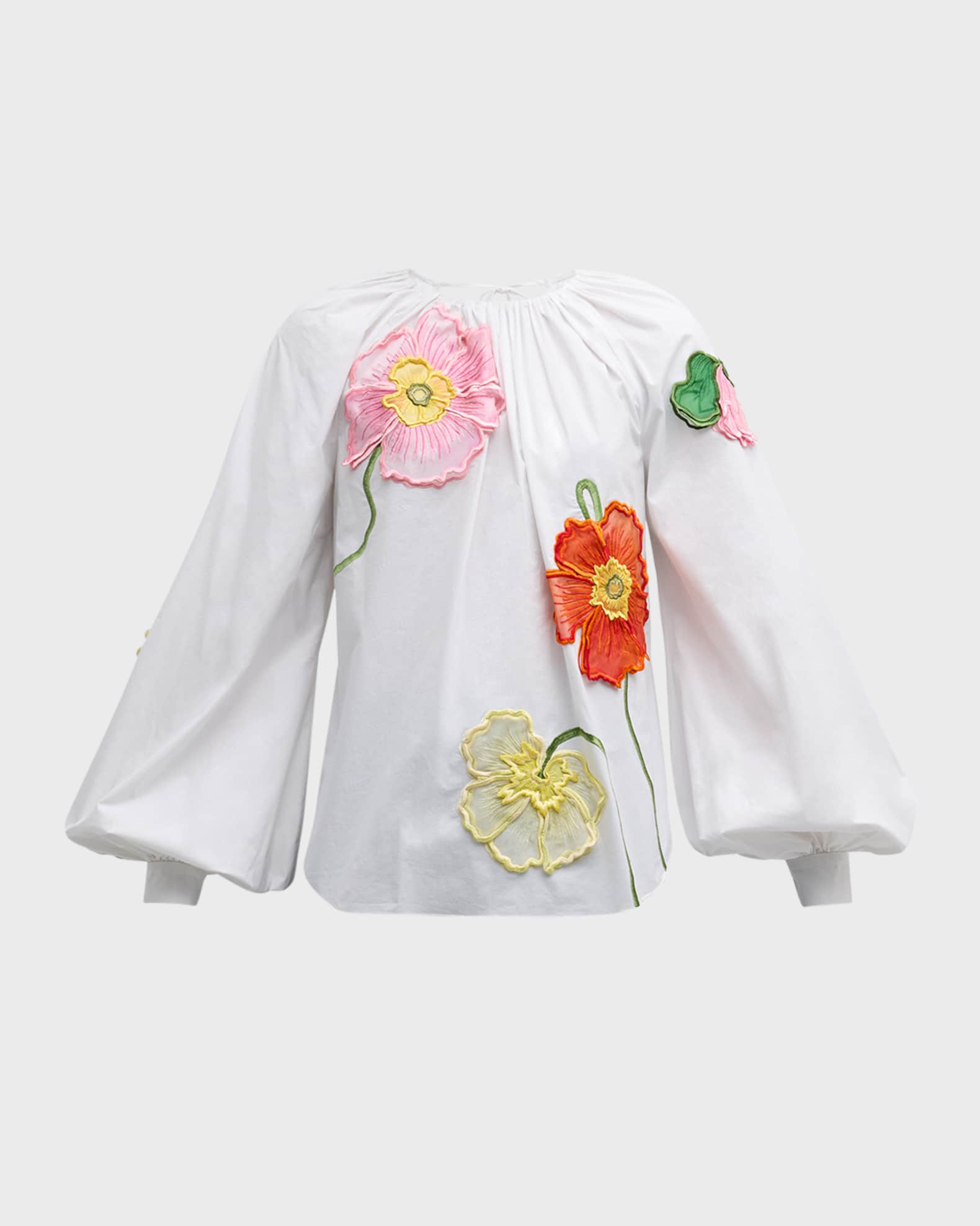 Oscar de la Renta Poppy-Embroidered Long-Sleeve Oversized Cotton Blouse | Neiman Marcus