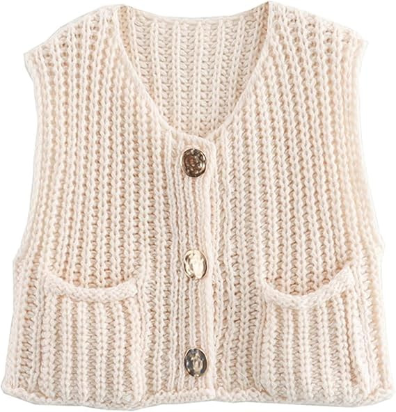 Women's Chunky Knit Vest Button Down Casual Sleeveless Cropped Crochet Sweater Cardigan with Pock... | Amazon (US)